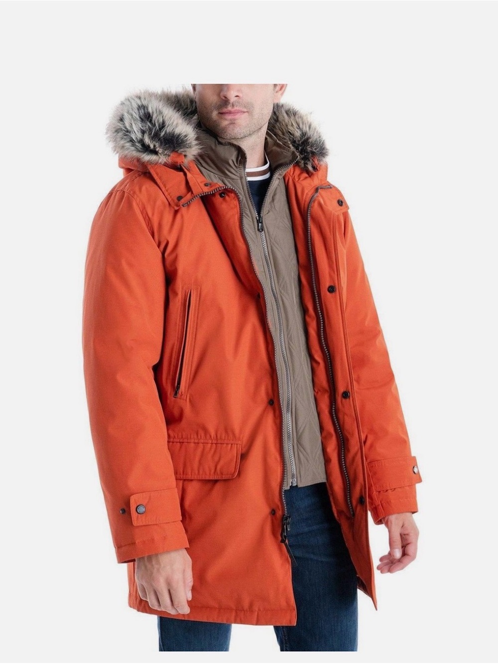 Michael Kors Men's Heavyweight Hooded Snorkel Parka with Stand Collar Orange LG